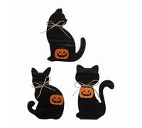 Lot de 3 plaques de table décoratives en bois pour Halloween avec trois jolies figurines de chats - Style ferme rustique pour l'automne et Halloween - Parfait pour la maison, la véranda, la cheminée
