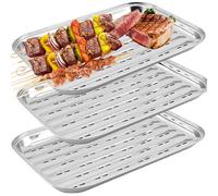 Lot de 3 plateaux de barbecue, en acier inoxydable, 34,9 x 24,5 x 2,7 cm, réutilisables, panier à légumes, accessoires d'extérieur pour légumes, poissons ou viande, pour barbecue à gaz, électrique et