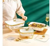 Lot de 3 plats à frire pour buffet, en céramique dorée avec couvercle en verre et 2 supports de carburant, chauffe-aliments pour fête de mariage, banquet