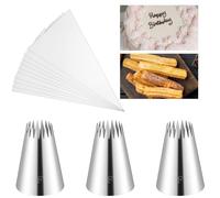 Lot de 3 poches à douille et douilles en acier inoxydable avec poches à douille - Douille à douille de 9 pieds avec 10 poches jetables - Douilles en forme d'étoile française pour cupcakes, glaçage