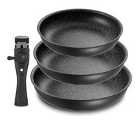 Lot de 3 poêles 20/24/28 cm antiadhésives avec poignée amovible,tous feux dont induction,revêtement durable,passe au four noir