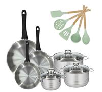 Lot de 3 Poêles 20/24/28cm et 3 Faitouts 16/20/24cm Généva avec 5 ustensiles Fackelmann