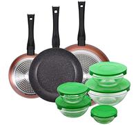 Lot de 3 poêles Ø20/24 et 28 cm + lot de 5 boules avec couvercle vert