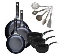 Lot de 3 Poêles 24/28/30 cm et 3 Casseroles 16/18/20 cm Brandao avec 5 ustensiles de cuisine Fackelmann