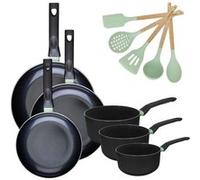 Lot de 3 poêles 24/28/30 cm et 3 casseroles 16/18/20 cm Fackelmann Brandao avec 5 ustensiles de cuisine Océan