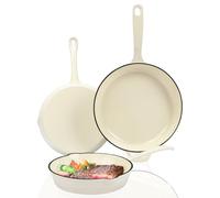 Lot de 3 poêles à frire en fonte émaillée avec revêtement en céramique non toxique, sans PFAS, PTFE et PFOA, compatible gaz/induction/électrique/four, blanc crème