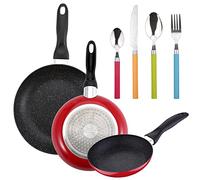 LOT DE 3 POÊLES À FRIRE SAN IGNACIO Ø16CM Ø20CM Ø24CM + SET DE 24 COUVERTS EN ACIER INOXYDABLE AVEC MANCHES MULTICOLORES