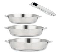 Lot de 3 poêles inox Evolution 20, 24, 28 cm et 1 manche amovible Beka