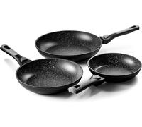 - Lot De 3 Poêles - Manches Amovibles - Intérieur Anti-Adhérent Façon Pierre - 20/24/28 Cm - Aluminium Forgé - Tous Feux Y Compris Induction, Noir