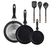 Lot de 3 poêles Wellhome 16/20/24 en aluminium pressé + lot de 3 ustensiles de cuisine en PBT noir et cuivre