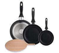 Lot de 3 poêles Wellhome 16/20/24 en aluminium pressé + planche à découper ronde de 38 x 28 x 1,5 cm en bois de hêtre