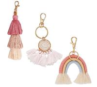 Lot de 3 porte-clés bohèmes pompons, pendentifs arc-en-ciel, breloques pompons, attrape-rêves tissés à la main, accessoires mignons pour sacs femmes, Rose,