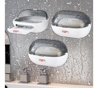 Lot de 3 Porte-Savon Sans Perçage : Avec Écoulement et Couvercle, Mural, Autocollant pour Douche, en Plastique pour Salle de Bain, Cuisine, Keep Dry