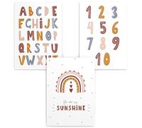 Lot de 3 posters d'apprentissage, A4 (21x30 cm) affiches sans cadre, décoration murale, cadeau de scolarisation, lettres colorées préscolaire scolarisation beige rosé, Sunshine ABC Numbers