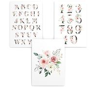 Lot de 3 posters d'apprentissage (anglais), A3 (30x42 cm) affiches sans cadre, décoration murale, cadeau pour filles chambre d’enfant, préscolaire, des roses Nombres des lettres alphabet, Fleurs ABC