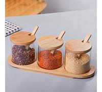 Lot de 3 pots à épices de 300 ml avec cuillère, couvercle en bambou et base, petits pots à épices en verre borosilicate pour le stockage des épices, du thé, du café, du sucre
