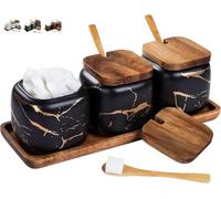 Lot de 3 pots à épices en céramique avec couvercle et cuillère en bambou pour la maison et la cuisine, alternative au support à épices et étagère à épices pour cuisine et table à manger