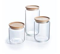 Lot de 3 pots de conservation Pure Jar Wood - Luminarc - En verre avec couvercle hermétique bois - 1,5L + 1L + 0,75L