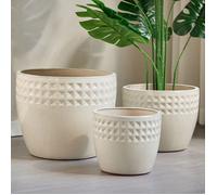 Lot de 3 Pots de Fleurs en Céramique Fait Main - 38/30/23 cm - Blanc Ancien Motif Losange