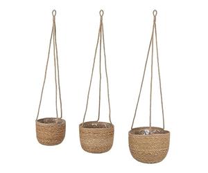 Lot de 3 pots de fleurs suspendus en jonc de mer naturel - 23, 20, 17 cm - Pot de fleurs à suspendre en matériau naturel - Pot de fleurs suspendu avec film intérieur