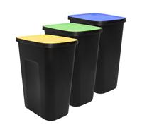 Lot de 3 poubelles noires couvercle charnière coloré - 35 l - Système tri sélectif déchets biologiques - Plastique papier recyclé - Système recyclage déchets