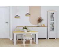 lot de 3 pour salon salle à manger vitrine 60cm commode 160cm table 180cm BLANC CHÊNE HICKORY OR avec poignées dorées - AGAWA