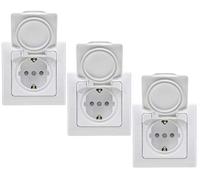 Lot de 3 Prises encastrées IP44 pour extérieur et pièces humides, 250 V - Prise avec couvercle rabattable - Blanc