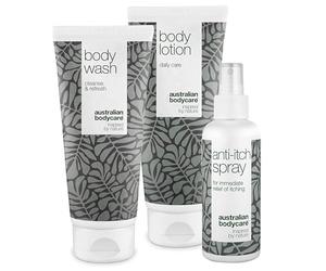 Lot de 3 produits pour démangeaisons sur le corps | Produits apaisants pour peaux irritées | Soin des peaux sèches, éruptions cutanées & autres irritations | Savon 200 ml, crème 200 ml & spray 100 ml