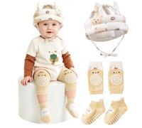 Lot de 3 protections de tête pour bébé avec genouillères, casque de sécurité réglable et respirant pour ramper et marcher en coton léger pour garçons et filles de 8 à 36 mois