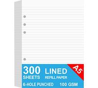 Lot de 3 recharges de papier ligné A5 pour agenda/classeurs/organiseurs Filofax, 6 trous, 300 feuilles/600 pages, 100 g/m², blanc, 148 x 210 mm