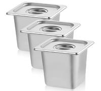Lot de 3 récipients en acier inoxydable 1/6 avec couvercle, 17,6 x 16,2 x 10 cm, pour poêles d'hôtel, 100 mm de hauteur, récipients de conservation au chaud, empilables, résistants à la chaleur