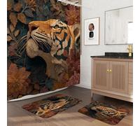Lot de 3 rideaux de douche d'automne 3D en relief avec deux tapis de bain antidérapants (40,6 x 61 et 50,8 x 81,3 cm), tapis de bain avec crochets, 183 cm