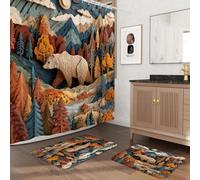 Lot de 3 rideaux de douche d'automne en relief ours des bois avec crochets - Ensemble d'accessoires de salle de bain avec deux tapis de bain antidérapants et lavables (40,6 x 61 et 50,8 x 81,3 cm
