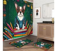 Lot de 3 rideaux de douche en tissu avec 2 tapis de bain antidérapants et lavables (40,6 x 61 et 50,8 x 81,9 cm), motif chien Boston Terrier (40,6 x 61 et 50,8 x 81,3 cm), tapis de bain pour la