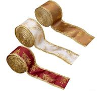Lot de 3 rouleaux de ruban de Noël avec bord métallique et aiguilles de pin dorées pour emballage, arbre pour décoration, couronnes et décorations de vacances