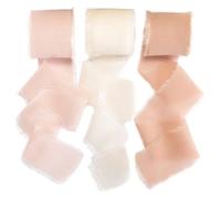 Lot de 3 rouleaux de ruban en mousseline de soie blanc de 3,8 cm x 5,5 m, fait à la main, rose clair/poudré et blanc pour emballage cadeau, invitations de mariage, bouquets de mariée et loisirs
