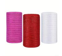 Lot de 3 rubans filaires pour la Saint-Valentin avec imitation lin polyester et bords métalliques adaptés pour les couronnes, guirlandes, artisanat floral et emballage (mélange de trois couleurs)