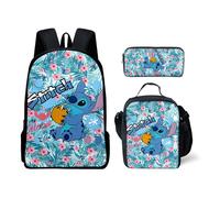 Lot de 3 Sac à dos Stitch et Angel,Sac à dos de dessin animé Sac d'école Sac d'école léger avec boîte à lunch et trousse à crayons