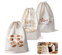Lot de 3 Sac à Pain en Pur Coton (30x40cm), Sac à Pain Réutilisable avec Cordon de Serrage et Motif Imprimé, Sac de Conservation Respirant pour Pain Maison, Boule et Légumes