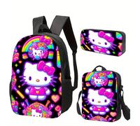Lot de 3 sacs à bandoulière simples, sac à dos, trousse à crayons, édition spéciale de la rentrée scolaire, sac à dos Guangzhou Field de haute qualité, Sanrio Hello Kitty, imprime Noir