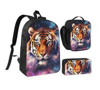 Lot de 3 sacs à dos 3 en 1 avec pochette isotherme pour ordinateur portable 43,2 cm, sac à déjeuner à bandoulière léger et trousse à crayons Motif tigre galaxie