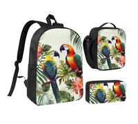 Lot de 3 sacs à dos 3 en 1 avec pochette isotherme pour ordinateur portable 43,2 cm, sac à déjeuner à bandoulière et trousse à crayons Motif toucans et feuilles de palmier