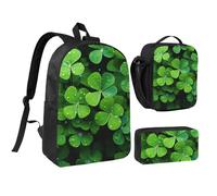 Lot de 3 sacs à dos 3 en 1 avec pochette isotherme pour ordinateur portable 43,2 cm, sac à déjeuner à bandoulière léger et trousse à crayons, motif trèfle vert
