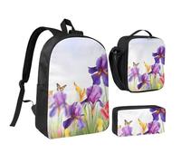 Lot de 3 sacs à dos 3 en 1 avec pochette isotherme pour ordinateur portable 43,2 cm, sac à déjeuner à bandoulière et trousse à crayons Motif fleurs d'iris et papillon