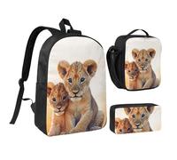 Lot de 3 sacs à dos 3 en 1 avec pochette isotherme pour ordinateur portable 43,2 cm, sac à déjeuner à bandoulière léger et trousse à crayons Motif lion