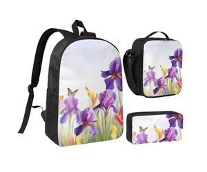 Lot de 3 sacs à dos 3 en 1 avec pochette isotherme pour ordinateur portable 43,2 cm, sac à déjeuner à bandoulière et trousse à crayons Motif fleurs d'iris et papillon