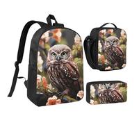 Lot de 3 sacs à dos 3 en 1 avec pochette isotherme pour ordinateur portable, sac à déjeuner à bandoulière et trousse à crayons Motif hibou et fleur