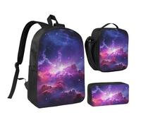 Lot de 3 sacs à dos 3 en 1 avec trousse à crayons isotherme, sac à déjeuner léger pour ordinateur portable, sac à déjeuner à bandoulière et trousse à crayons, motif galaxie, violet et bleu