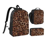 Lot de 3 sacs à dos 3 en 1 avec trousse isotherme pour ordinateur portable 43,2 cm, sac à déjeuner à bandoulière léger et trousse à crayons imprimé léopard