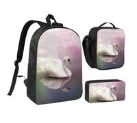 Lot de 3 sacs à dos 3 en 1 avec trousse isotherme pour ordinateur portable 43,2 cm, sac à déjeuner à bandoulière léger et trousse à crayons Motif cygne blanc